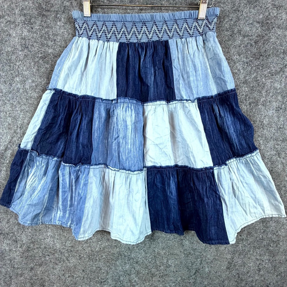 New Direction Skirt Womens XL Monochrome Blue Colorblock Patchwork Smocked Waist